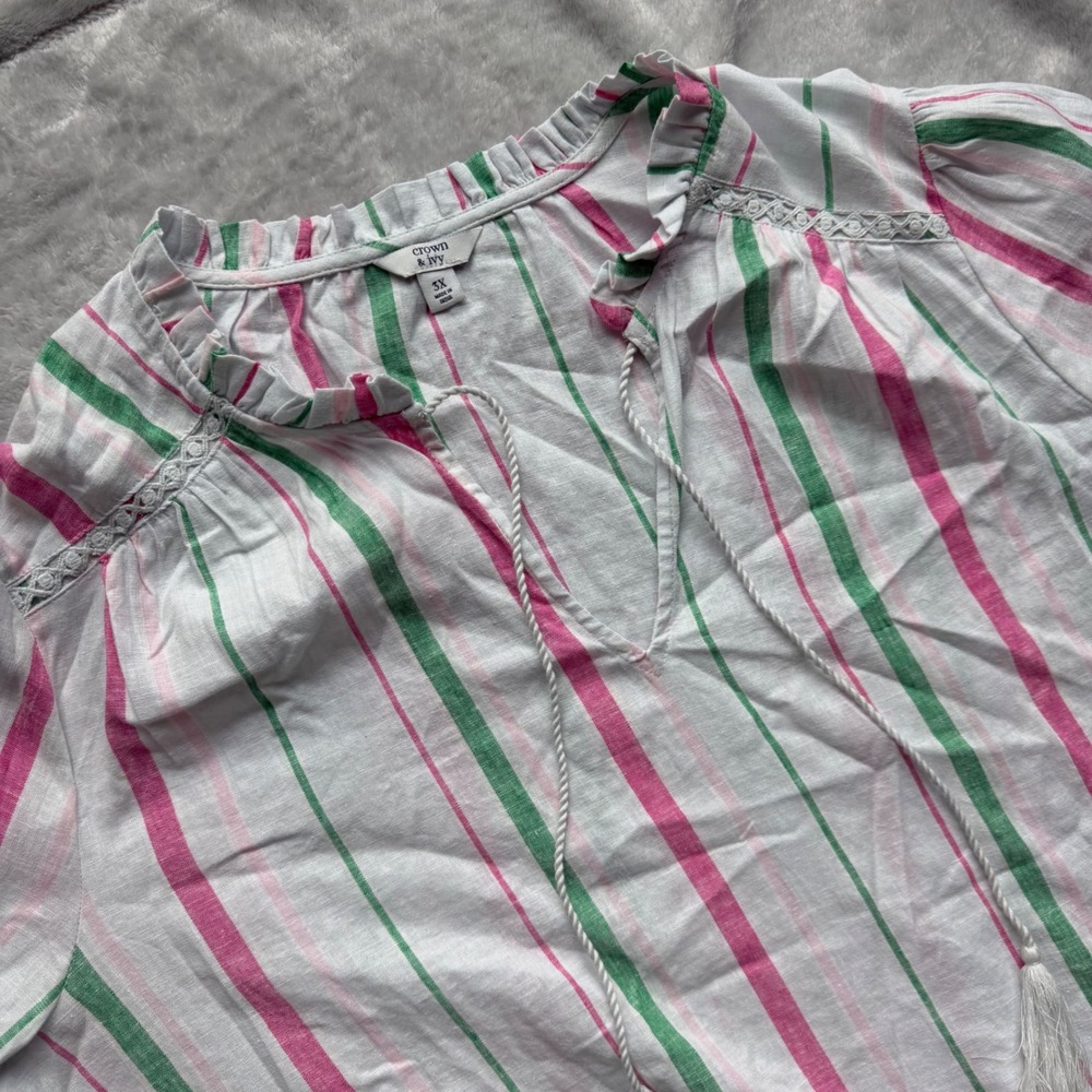 Crown & Ivy Tunic Women 3X Pink Green Striped Ruffle Tassel Lace Top